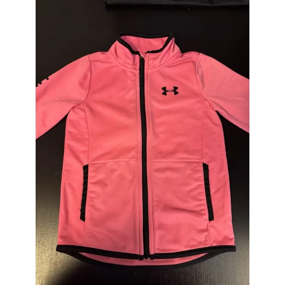 Under Armour Full Zip Sport Jacket Girls Size 5 Hot Pink Black Pockets Logo